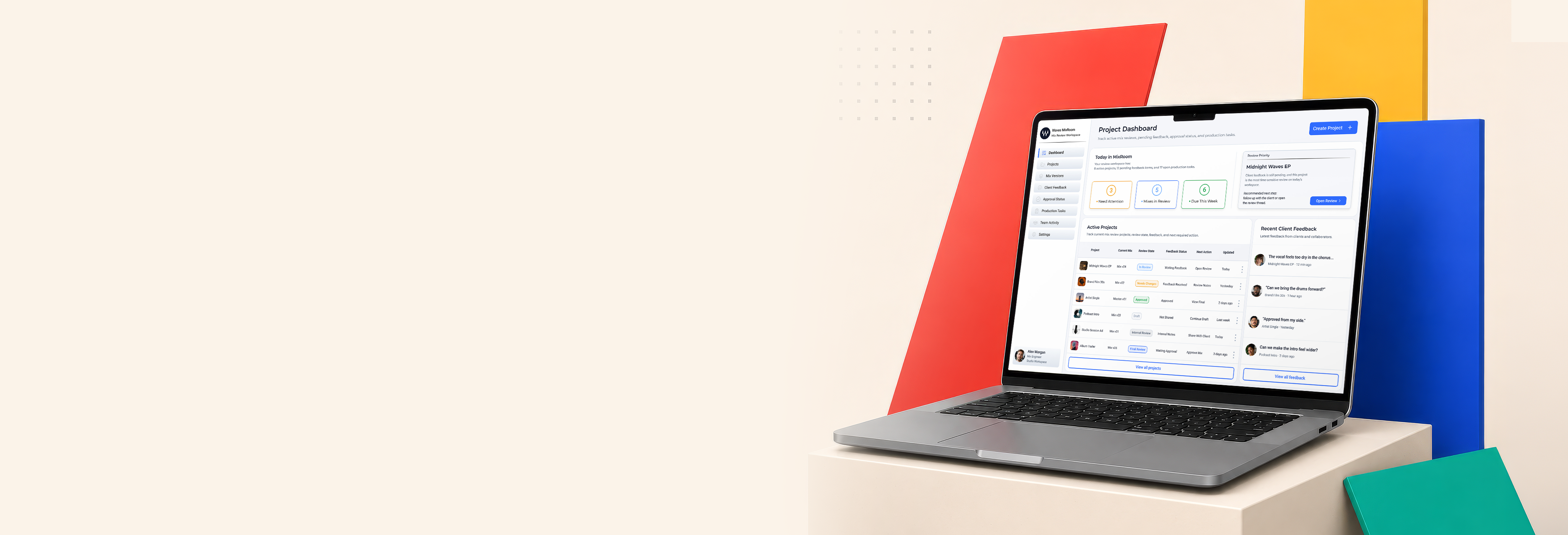 Waves MixRoom dashboard on a laptop atop a geometric pedestal